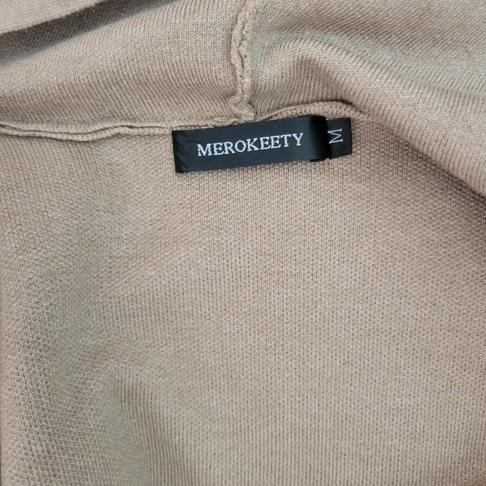 MEROKEETY Women's Long Hooded Knit Cardigan Sweater with Pockets Light Taupe Siz - Picture 3 of 10